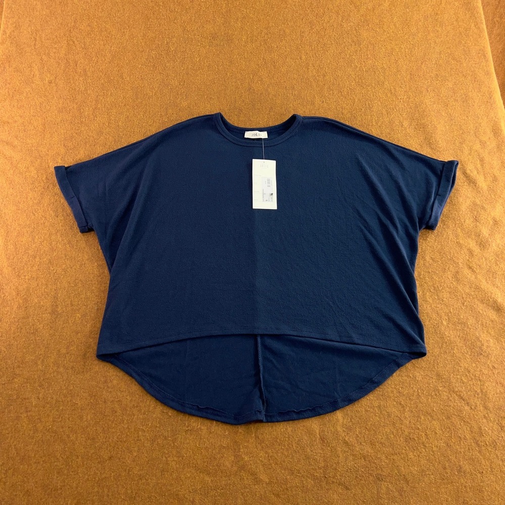 Jolie Women Small Navy Crepe Swing High Low Short Sleeve Blouse NWT